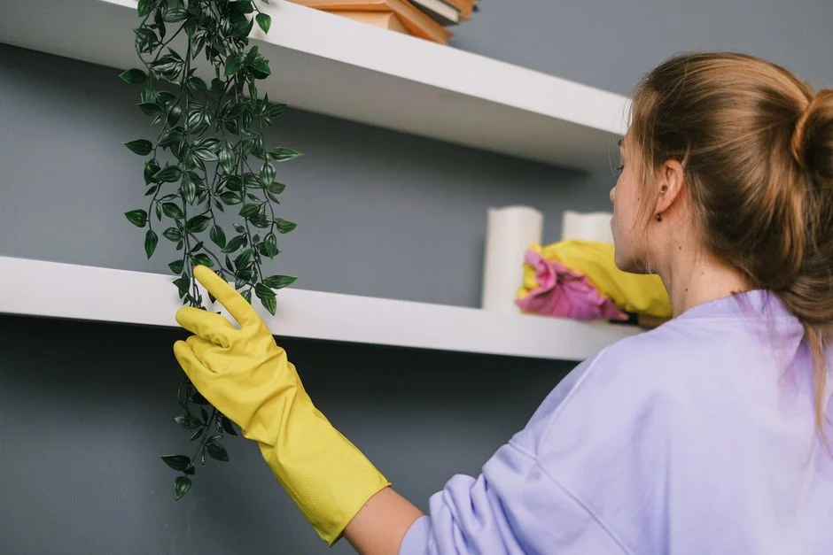Pretty African American girl is mopping floor at home with flat plastic mop wearing gloves and wear-at-home clothing. Modern interiors, cleanness and young people concept.