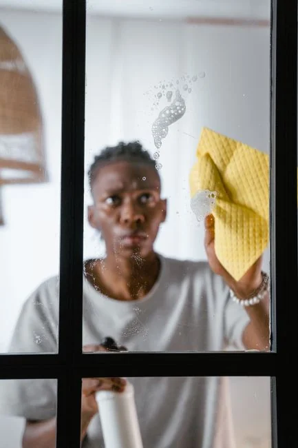 services-03 Close-up of a person sanitizing a bathroom sink with gloves and cloth, focusing on hygiene and cleanliness.